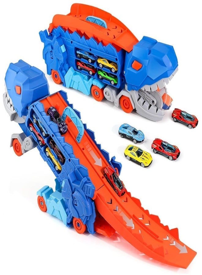 Brighterbee Dinosaur Track Truck Toys for Boys 3 4 5 6 7 8 Year Old - 2 Layer Transformed Dinosaur Transport Car Carrier Truck with 2 Diecast Race Cars, Multi Color - Image 1